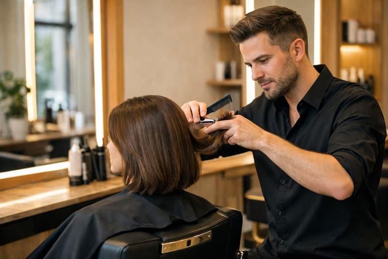 Fryzjer precyzyjnie przycina włosy klientki w jasnym salonie