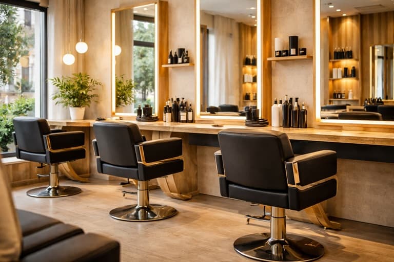 Wnętrze salonu fryzjerskiego z lustrami i fotelami