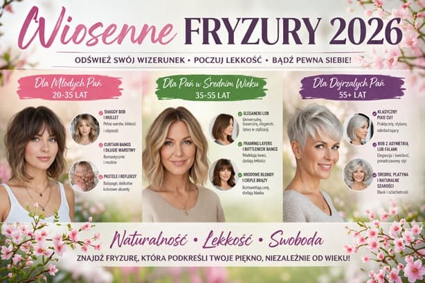 Kolaż przedstawiający różnorodne modne fryzury damskie na Wiosnę 2026, w tym shaggy bob, elegancki lob i subtelne koloryzacje, inspirujący do wiosennego odświeżenia wizerunku i podkreślenia naturalności.