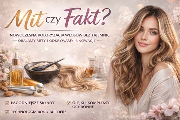 Kobieta z gładkimi, błyszczącymi włosami w nowym kolorze, symbolizująca udaną i bezpieczną koloryzację nowoczesnymi farbami, które nie niszczą struktury włosa.